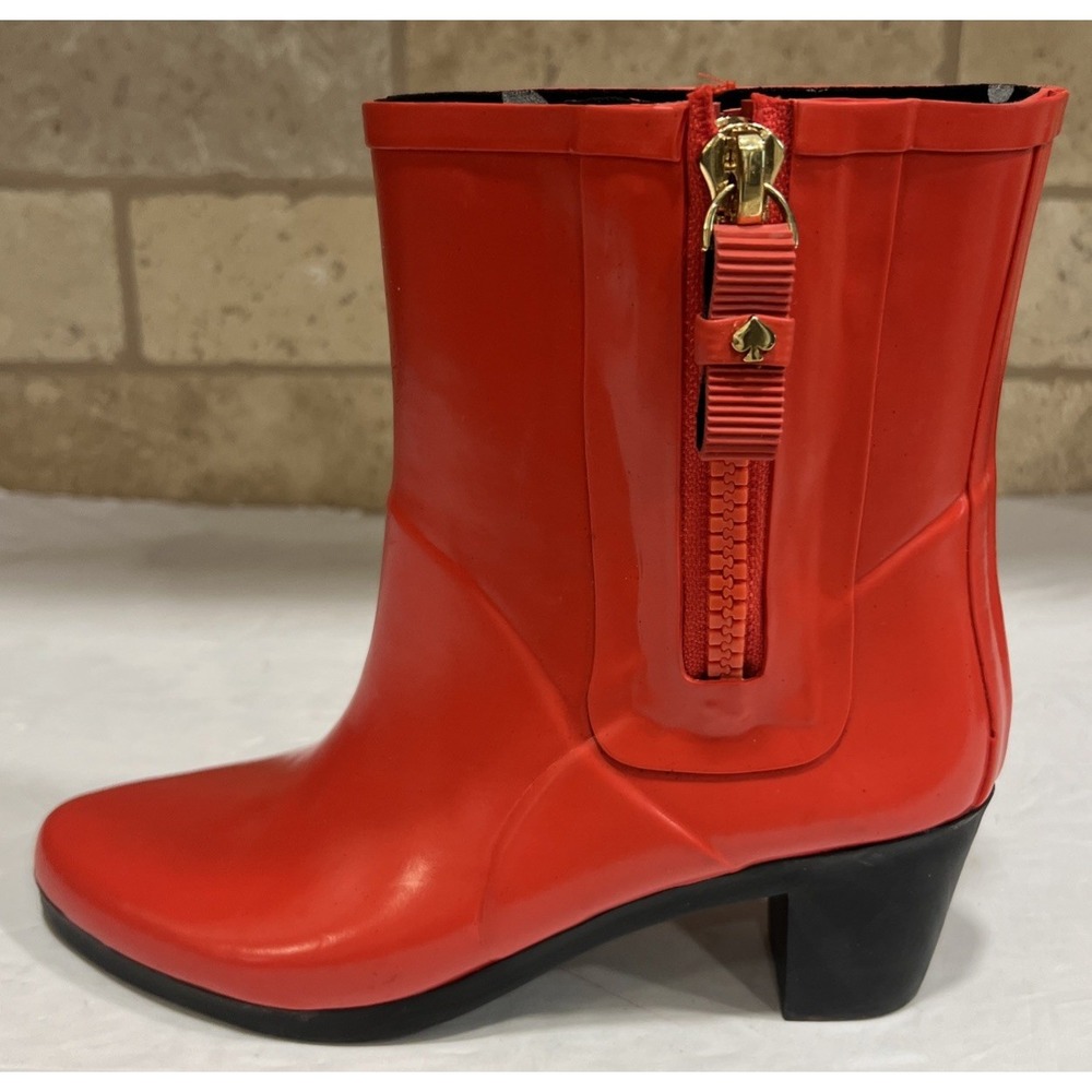 Kate Spade Cherry Red Heeled Rain Boots Waterproof Glossy Ankle Bootie Size 6
